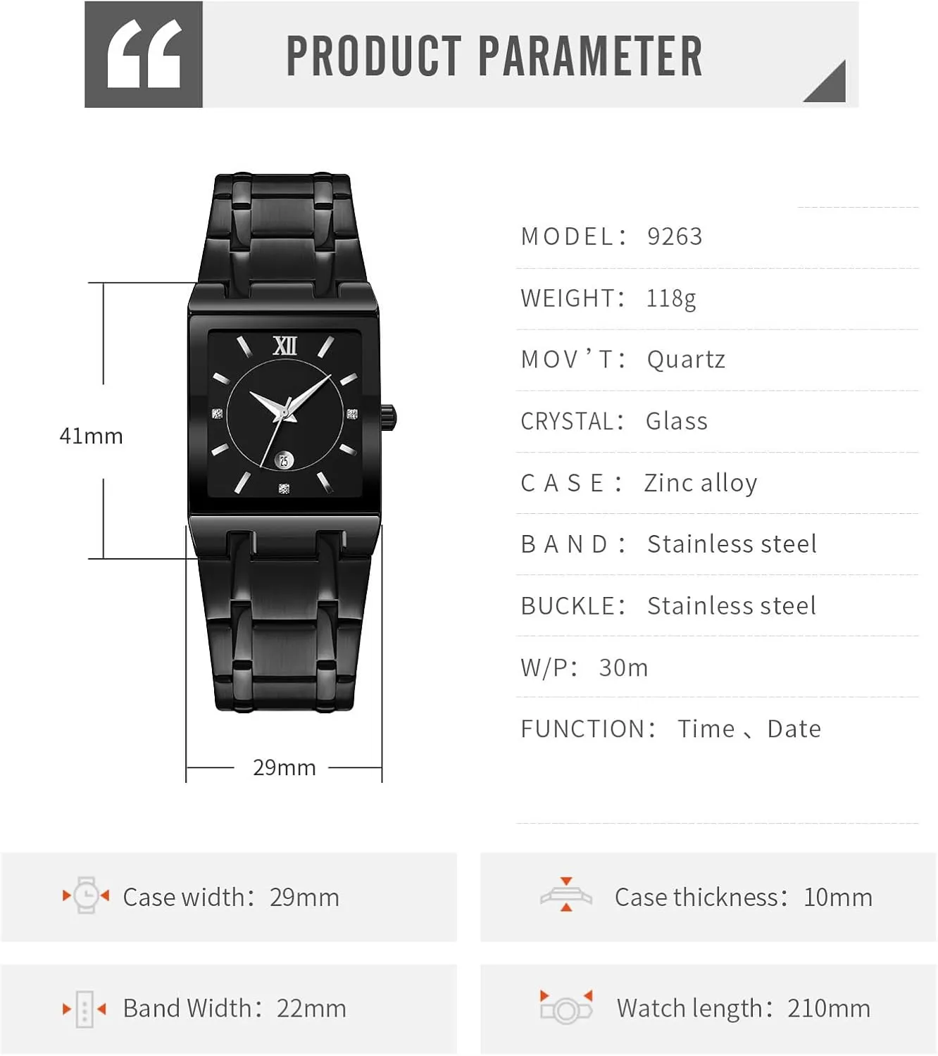 Waterproof Analog Quartz Watch Stainless Steel Fashion Business Casual merit crevice Wristwatch Reginald Fashion Square Watches for Men Date 