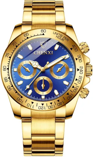 Waterproof Analog Quartz Watches MASTOP Men Rotatable Bezel Blue Dial Luminous Watch Gold drama expert Stainless Steel Band 