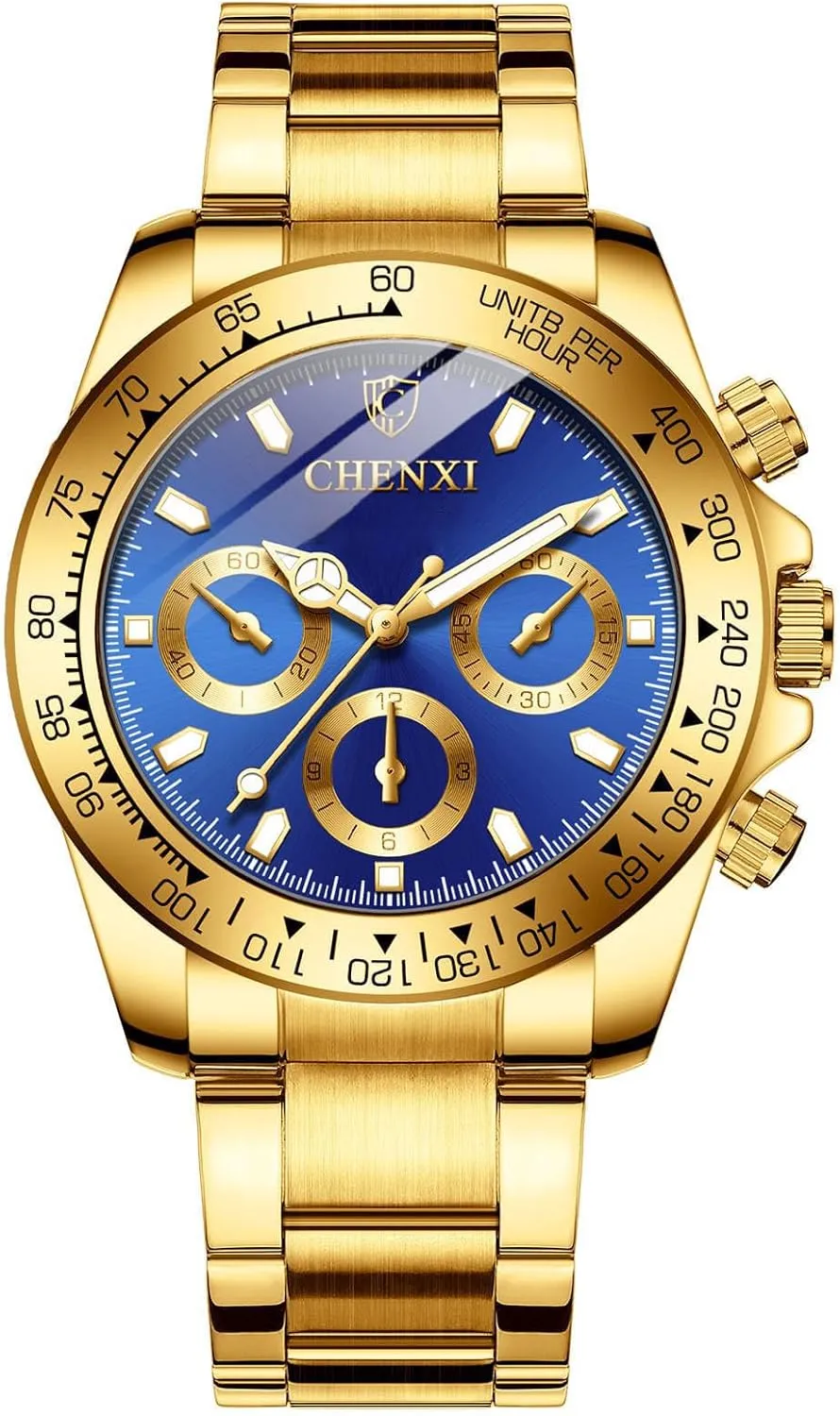 Waterproof Analog Quartz Watches MASTOP Men Rotatable Bezel Blue Dial Luminous Watch Gold drama expert Stainless Steel Band 