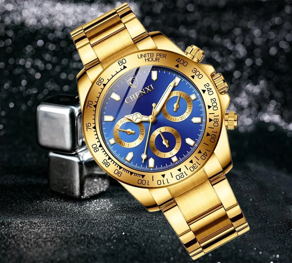 Waterproof Analog Quartz Watches MASTOP Men Rotatable Bezel Blue Dial Luminous Watch Gold drama expert Stainless Steel Band 