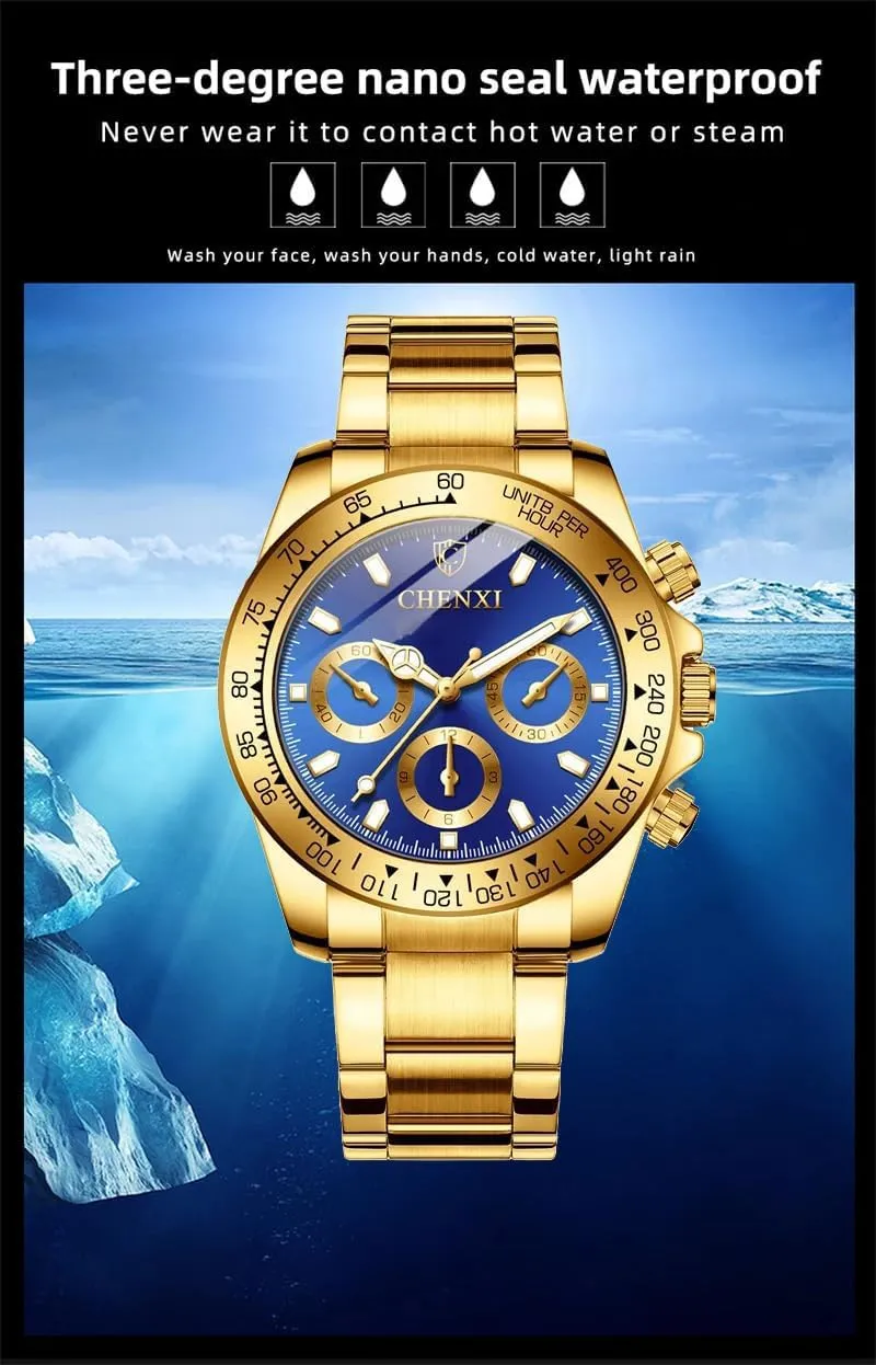 Waterproof Analog Quartz Watches MASTOP Men Rotatable Bezel Blue Dial Luminous Watch Gold drama expert Stainless Steel Band 