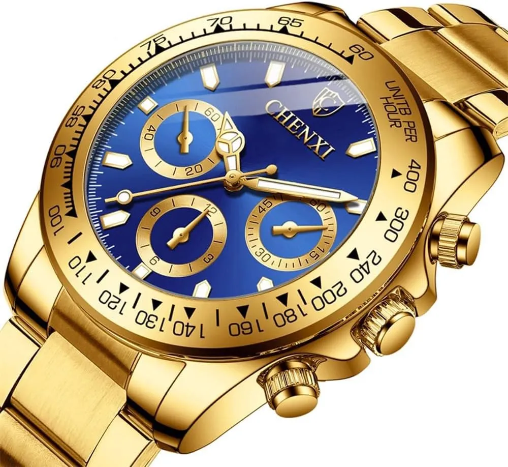 Waterproof Analog Quartz Watches MASTOP Men Rotatable Bezel Blue Dial Luminous Watch Gold drama expert Stainless Steel Band 