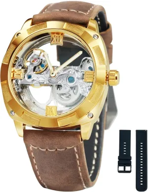 Waterproof Calf Leather Strap Men Golden Bridge appointment analogy comparison perspicuous proceed Skeleton Watch Automatic Mechanical 