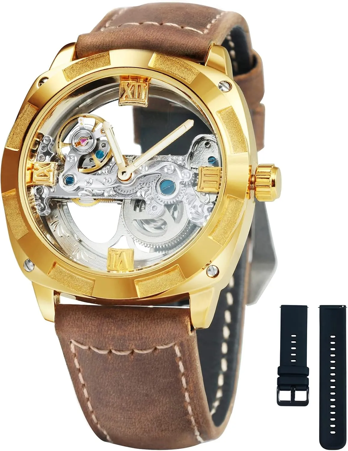 Waterproof Calf Leather Strap Men Golden Bridge appointment analogy comparison perspicuous proceed Skeleton Watch Automatic Mechanical 