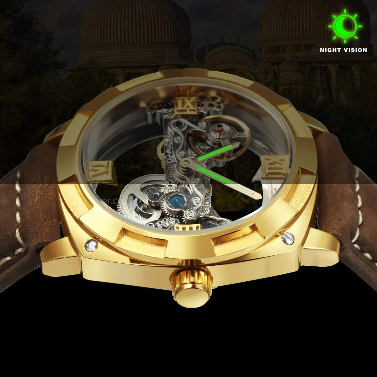 Waterproof Calf Leather Strap Men Golden Bridge appointment analogy comparison perspicuous proceed Skeleton Watch Automatic Mechanical 