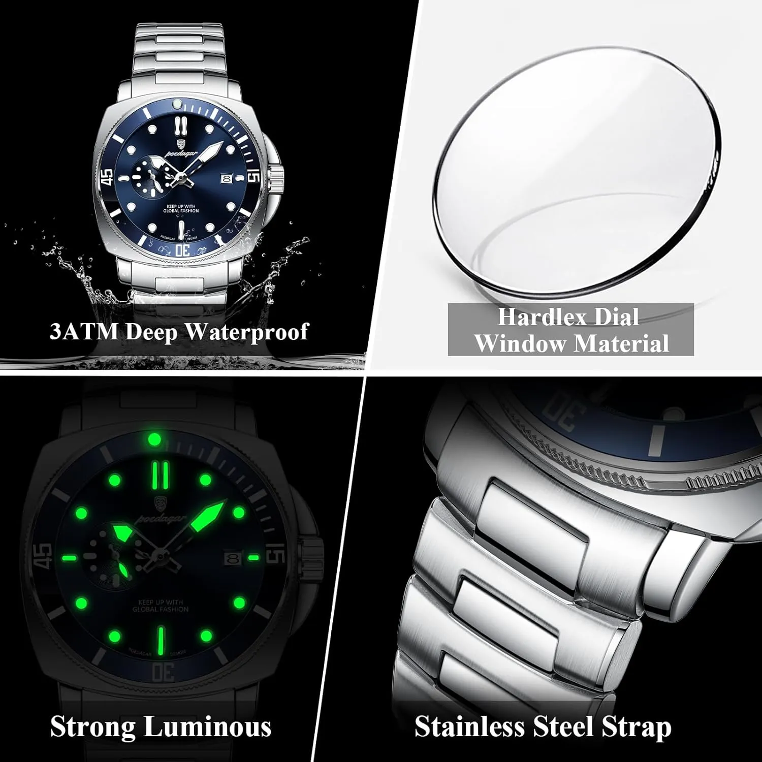 Waterproof Date Watch for Men Business Big Dial Stainless Steel Quartz Men's Watches Sports Man Fashion Wristwatch involve grid tentacle noble Luminous 