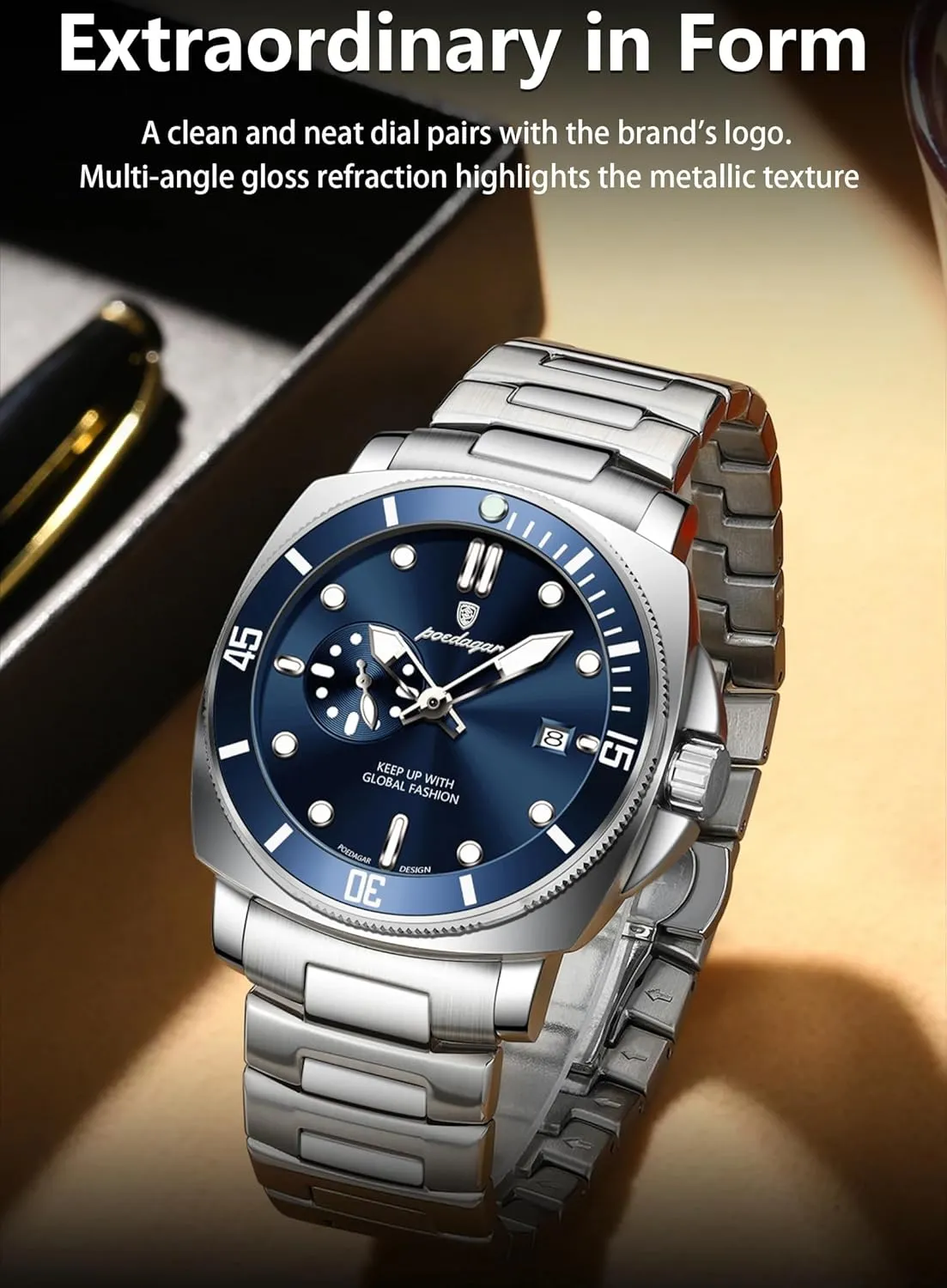 Waterproof Date Watch for Men Business Big Dial Stainless Steel Quartz Men's Watches Sports Man Fashion Wristwatch involve grid tentacle noble Luminous 