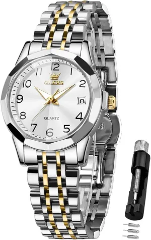 Waterproof Luminous Day Date Two Tone Easy to Read Wristwatch OLEVS Womens Watch Classic Dress Number Female Watches for Ladies Analog Quartz imbalance Stainless Steel 