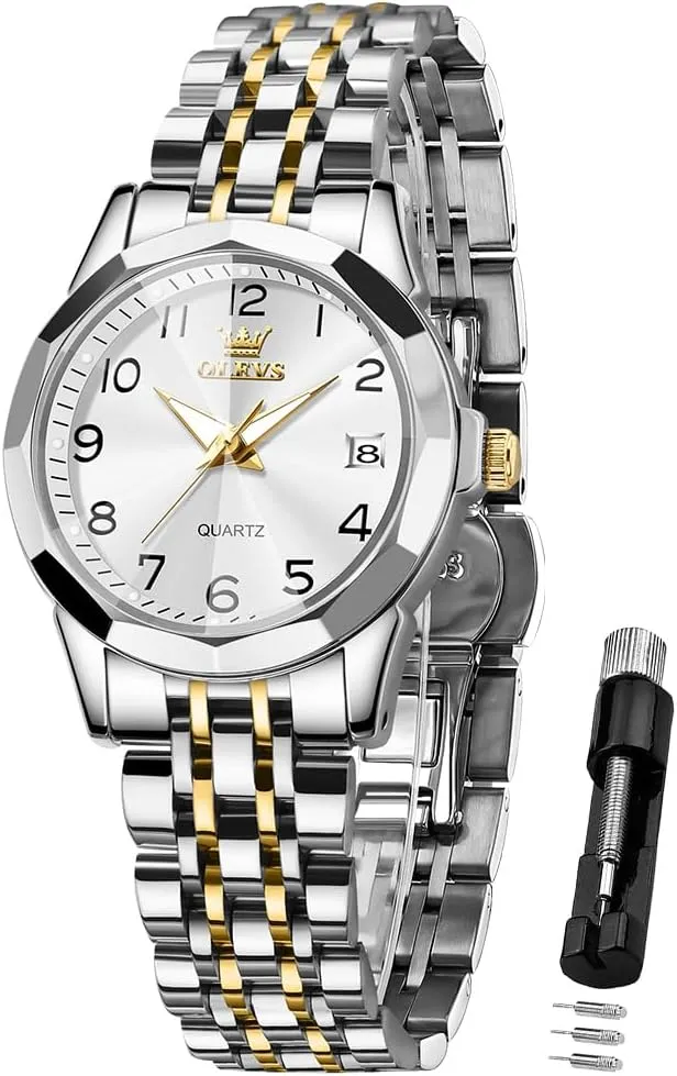 Waterproof Luminous Day Date Two Tone Easy to Read Wristwatch OLEVS Womens Watch Classic Dress Number Female Watches for Ladies Analog Quartz imbalance Stainless Steel 