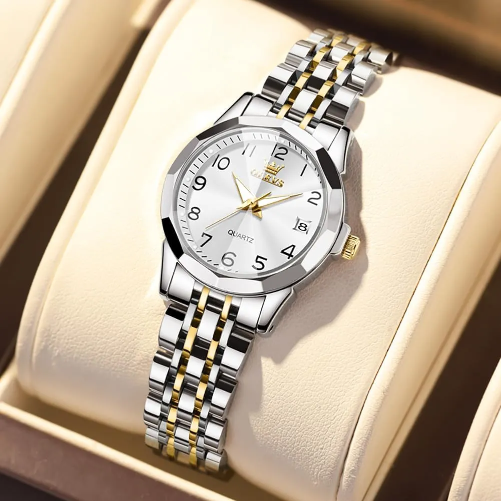 Waterproof Luminous Day Date Two Tone Easy to Read Wristwatch OLEVS Womens Watch Classic Dress Number Female Watches for Ladies Analog Quartz imbalance Stainless Steel 