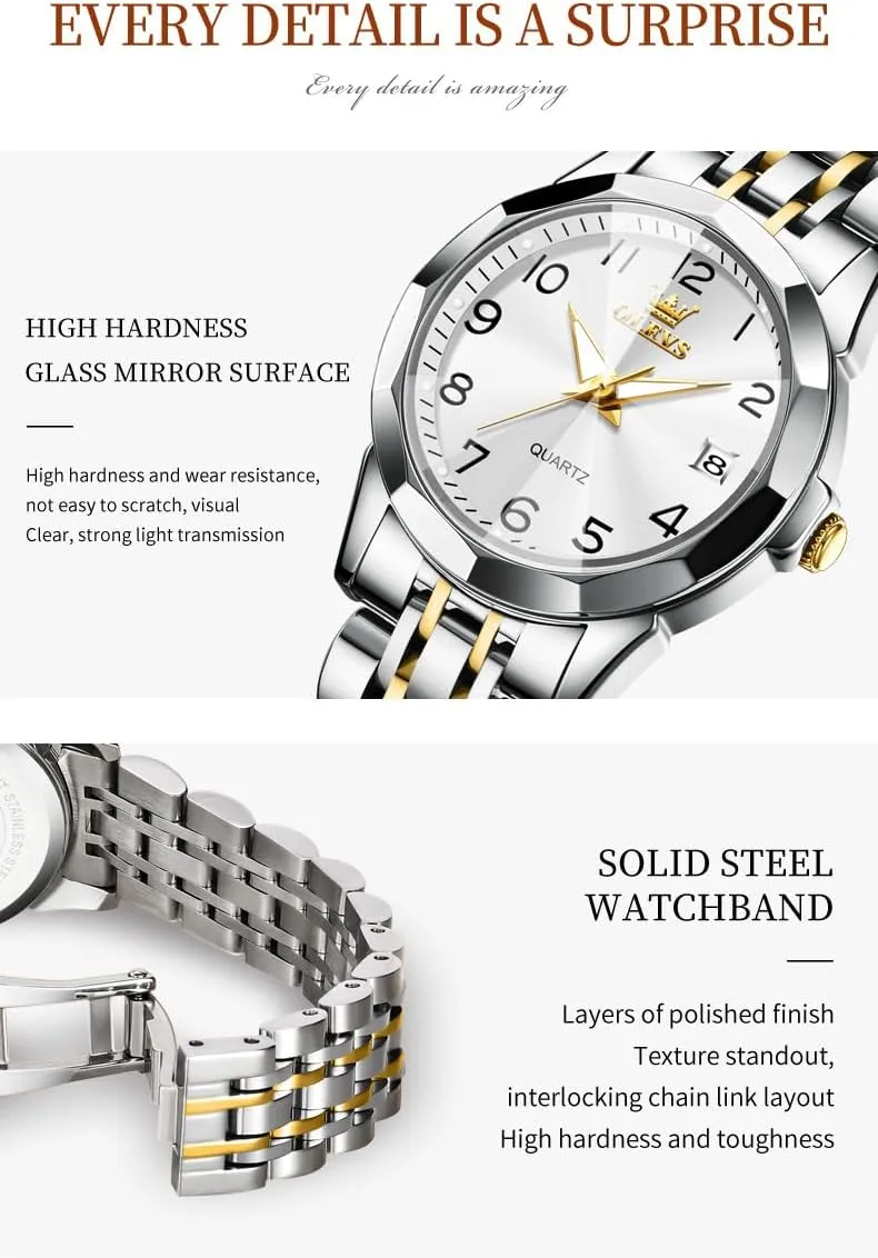 Waterproof Luminous Day Date Two Tone Easy to Read Wristwatch OLEVS Womens Watch Classic Dress Number Female Watches for Ladies Analog Quartz imbalance Stainless Steel 