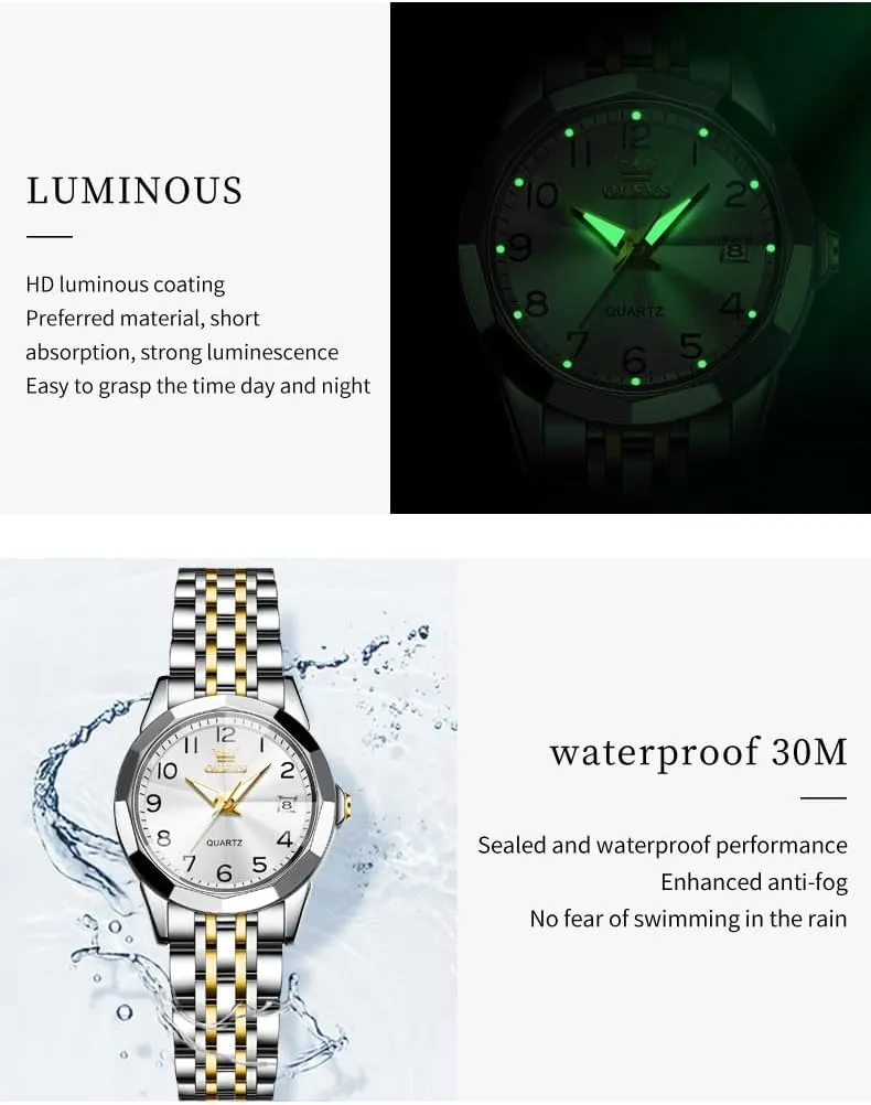 Waterproof Luminous Day Date Two Tone Easy to Read Wristwatch OLEVS Womens Watch Classic Dress Number Female Watches for Ladies Analog Quartz imbalance Stainless Steel 