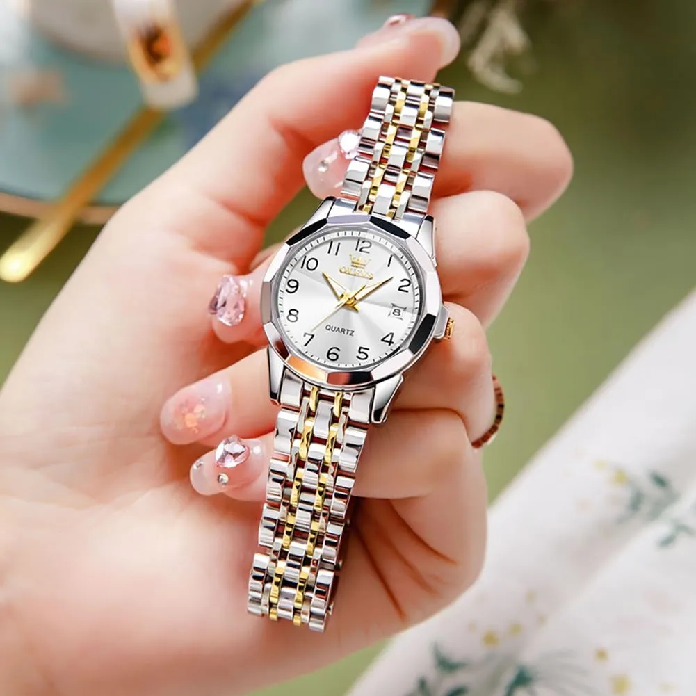Waterproof Luminous Day Date Two Tone Easy to Read Wristwatch OLEVS Womens Watch Classic Dress Number Female Watches for Ladies Analog Quartz imbalance Stainless Steel 