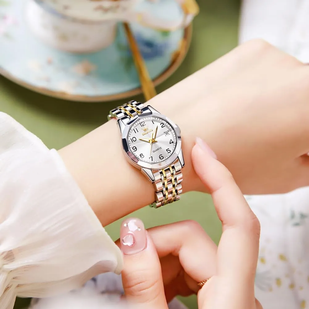 Waterproof Luminous Day Date Two Tone Easy to Read Wristwatch OLEVS Womens Watch Classic Dress Number Female Watches for Ladies Analog Quartz imbalance Stainless Steel 