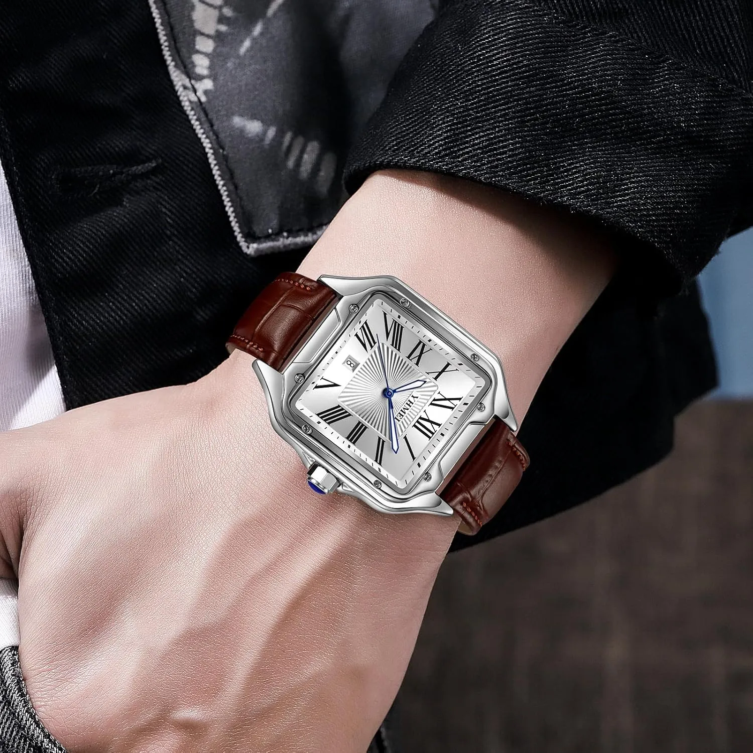 Waterproof Luminous Quartz Wristwatch Leather Stainless grant Steel Bands MASTOP Men's Square Roman Numeral Watches Casual 