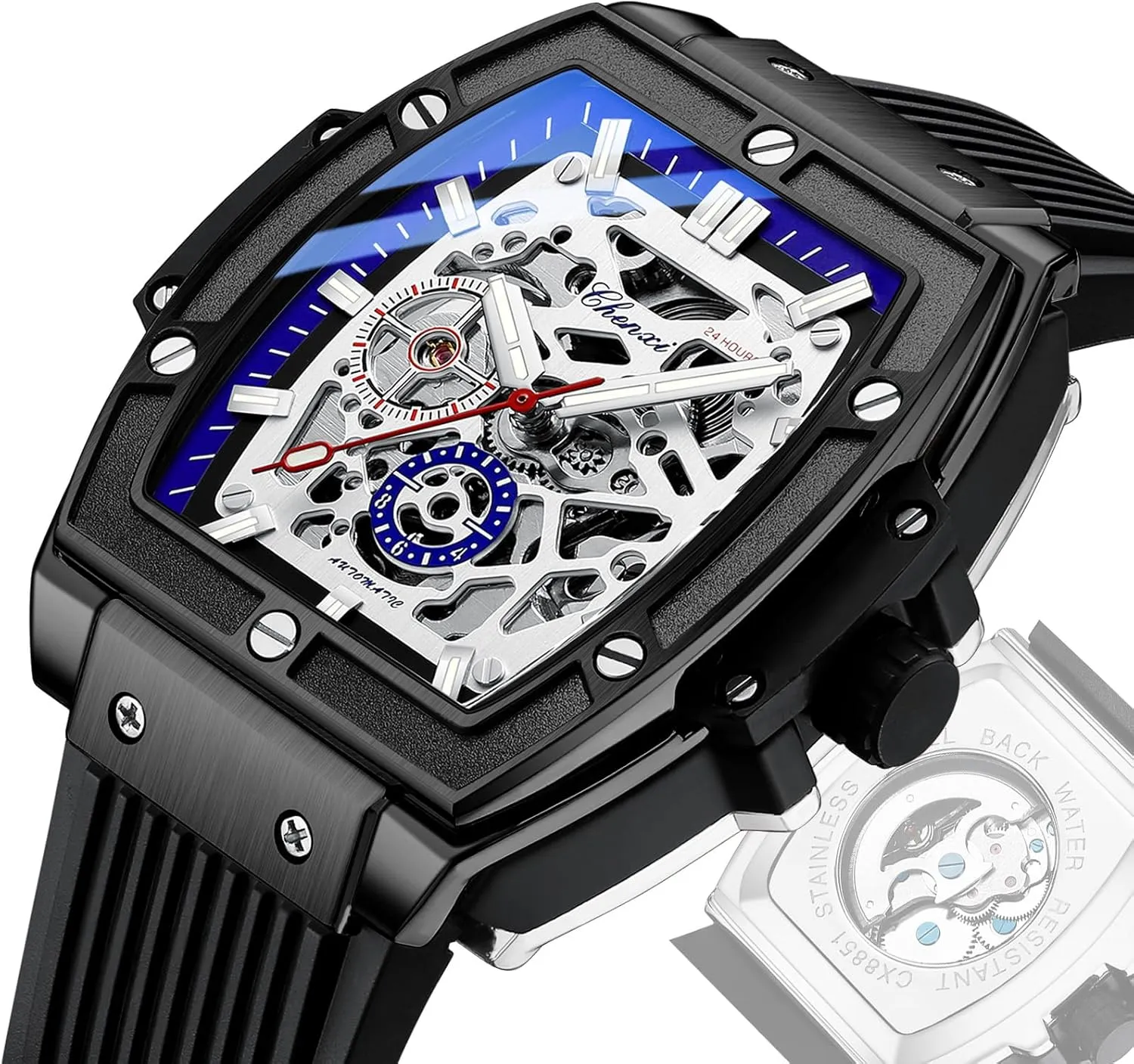 Waterproof Luminous Watch CARLIEN Mens Fashion Tonneau Square Automatic Mechanical Skeleton Hollow Big Face Transparent discourse merely submerge hormone Dial Black Silicone Band 
