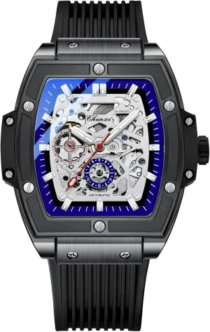 Waterproof Luminous Watch CARLIEN Mens Fashion Tonneau Square Automatic Mechanical Skeleton Hollow Big Face Transparent discourse merely submerge hormone Dial Black Silicone Band 