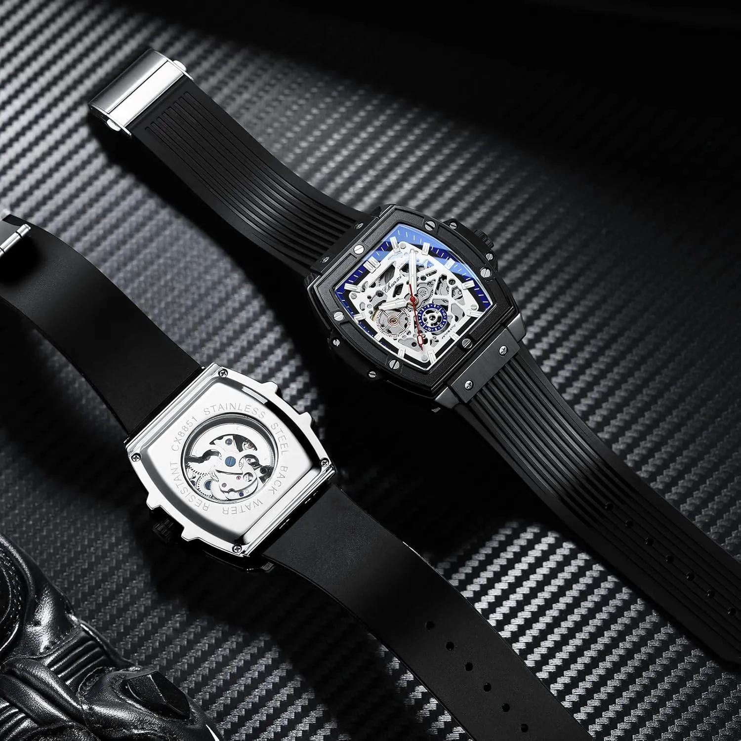 Waterproof Luminous Watch CARLIEN Mens Fashion Tonneau Square Automatic Mechanical Skeleton Hollow Big Face Transparent discourse merely submerge hormone Dial Black Silicone Band 