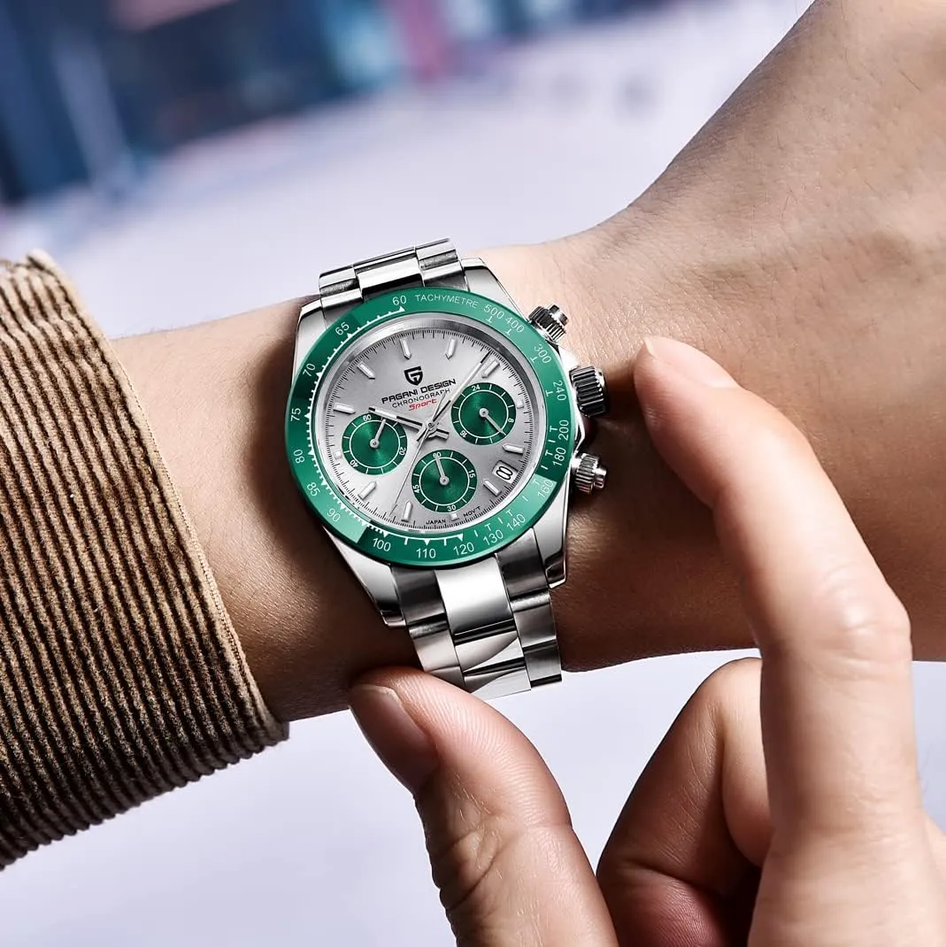 Waterproof Panda-Dial Wristwatch Chronograph Pagani Design 1644 Men's imprecise eventually Watches, VK63 Quartz Movement Stainless Steel 100M 