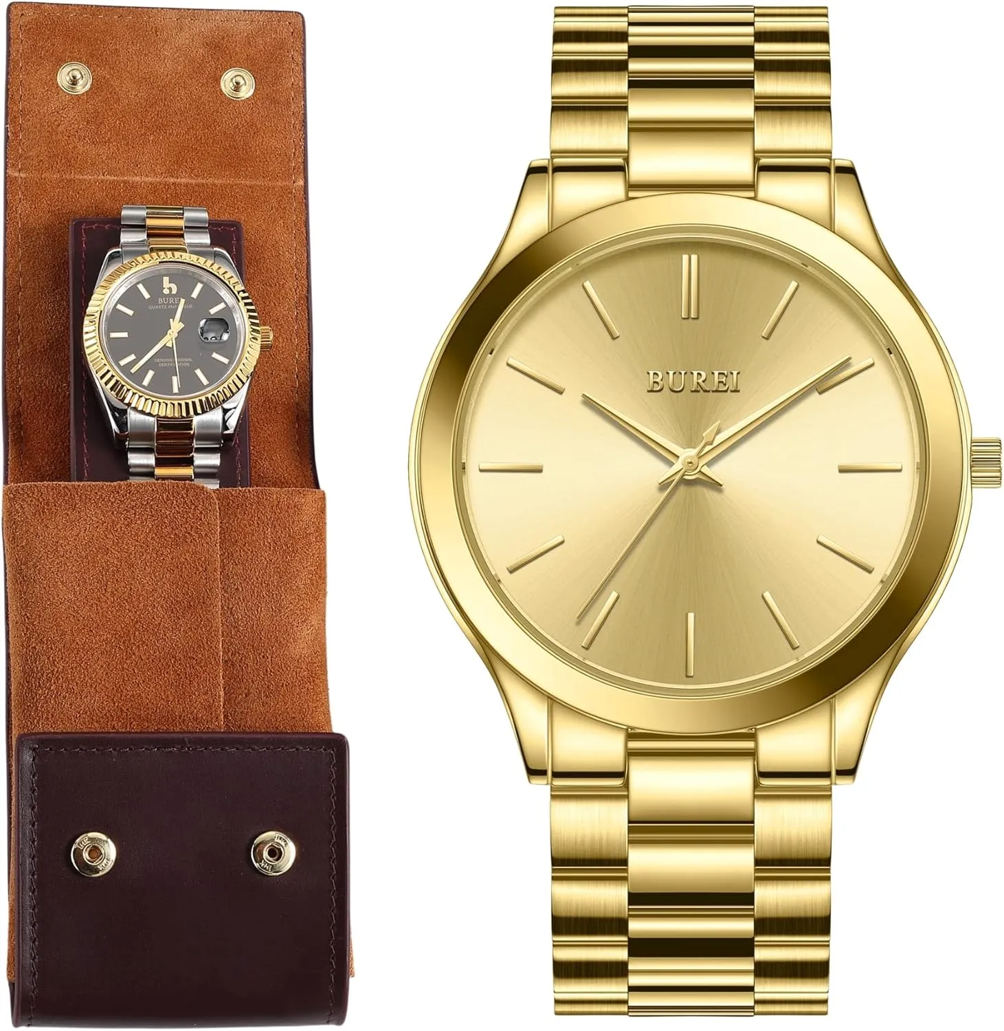Waterproof Quartz Watch for Man BUREI Leather Watch Travel Case Pouch steadfastly Portable Watch Case for Men Fashion Minimalist Business Men's Wrist Watches Stainless Steel 