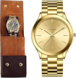 Waterproof Quartz Watch for Man BUREI Leather Watch Travel Case Pouch steadfastly Portable Watch Case for Men Fashion Minimalist Business Men's Wrist Watches Stainless Steel 