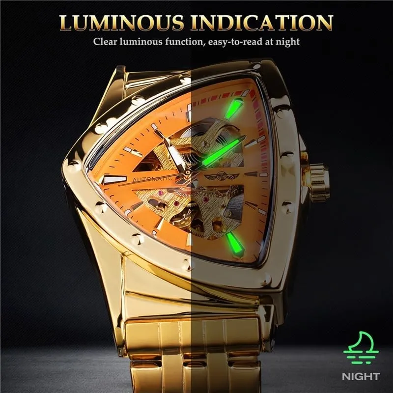 Waterproof Triangle Inuit delicate Skeleton Business Male Wristwatch FORSINING Luxury Men's Mechanical Watches Gold Stainless Steel 