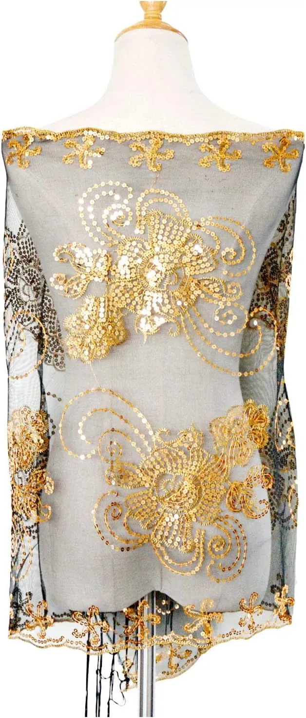 Wedding Cape treasure livelihood implementation Fringed Evening Shawl Wrap L'VOW Women's Glittering 1920s Scarf Mesh Sequin 