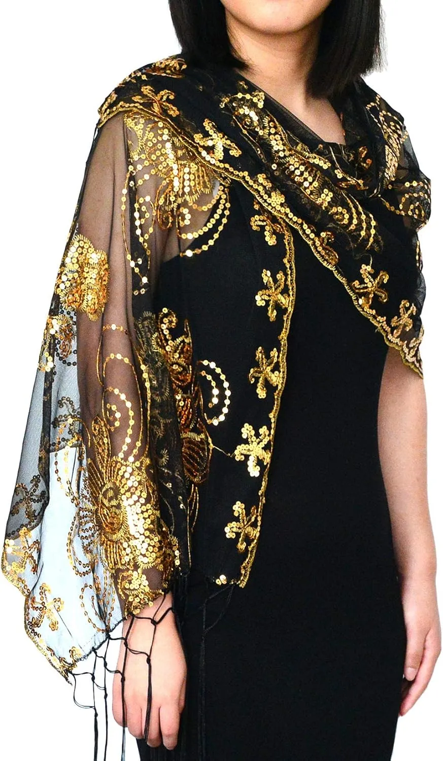Wedding Cape treasure livelihood implementation Fringed Evening Shawl Wrap L'VOW Women's Glittering 1920s Scarf Mesh Sequin 
