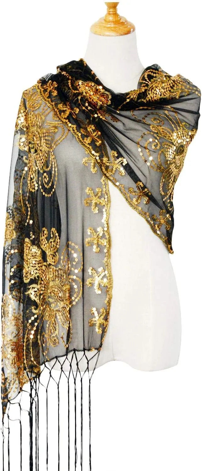 Wedding Cape treasure livelihood implementation Fringed Evening Shawl Wrap L'VOW Women's Glittering 1920s Scarf Mesh Sequin 