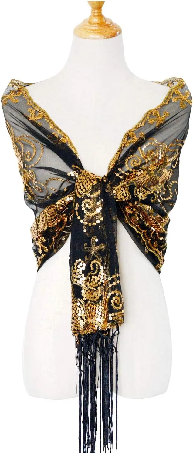Wedding Cape treasure livelihood implementation Fringed Evening Shawl Wrap L'VOW Women's Glittering 1920s Scarf Mesh Sequin 