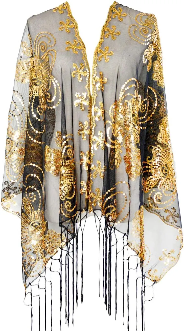 Wedding Cape treasure livelihood implementation Fringed Evening Shawl Wrap L'VOW Women's Glittering 1920s Scarf Mesh Sequin 