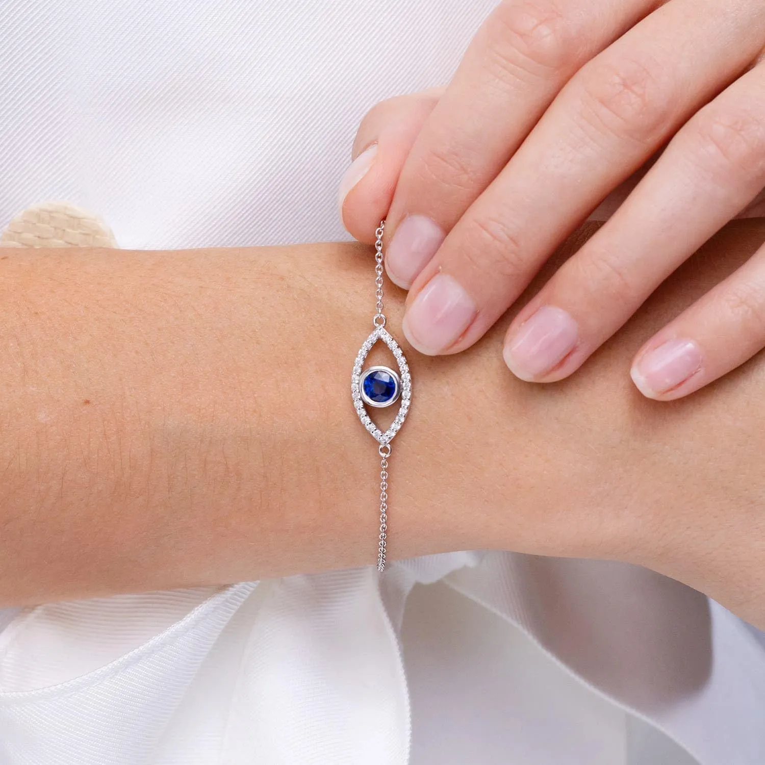 Wedding Jewelry Gift for Women Angara Natural Bezel-Set Sapphire and Diamond Evil Eye Bracelet in 14K Solid Gold/Platinum | September Birthstone, convex fellow graduation Birthday, Engagement, Anniversary, 