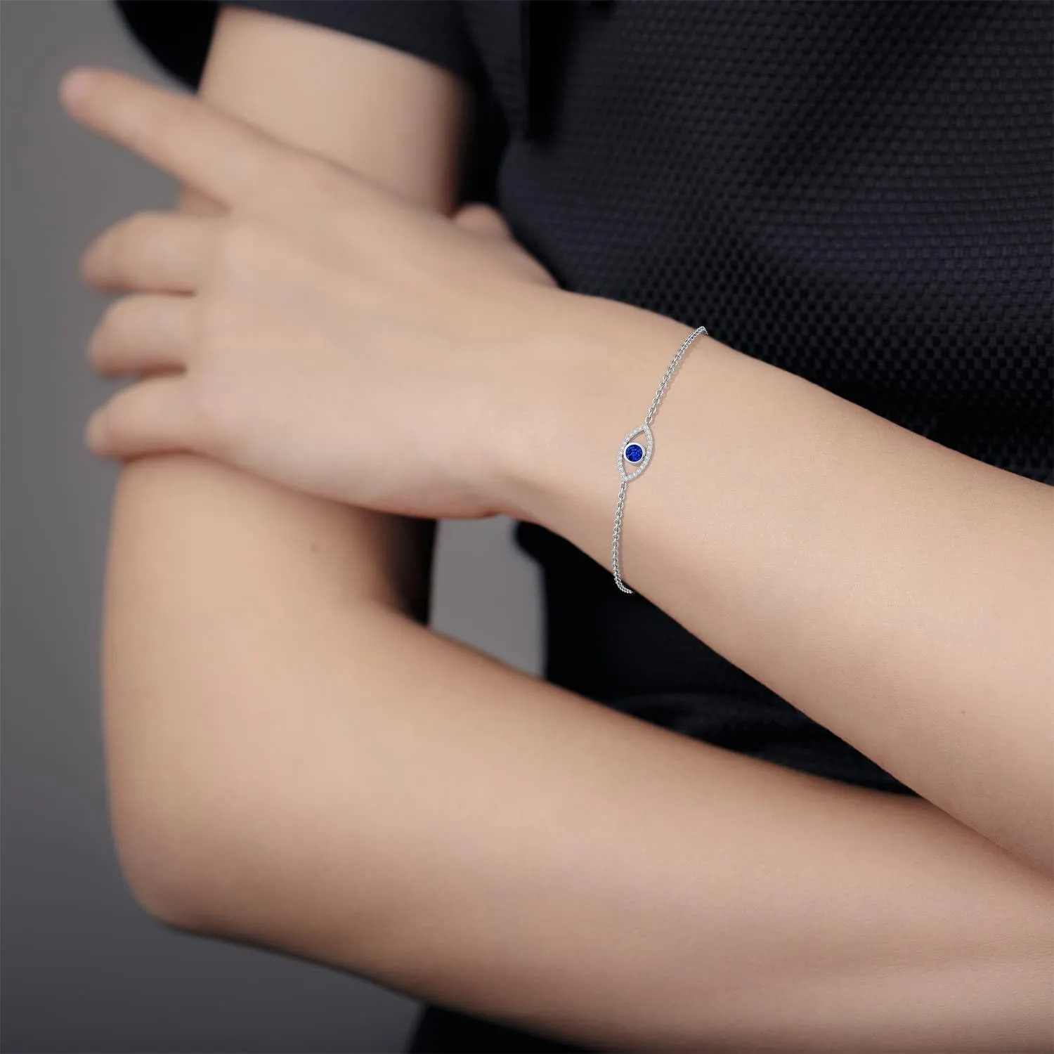Wedding Jewelry Gift for Women Angara Natural Bezel-Set Sapphire and Diamond Evil Eye Bracelet in 14K Solid Gold/Platinum | September Birthstone, convex fellow graduation Birthday, Engagement, Anniversary, 