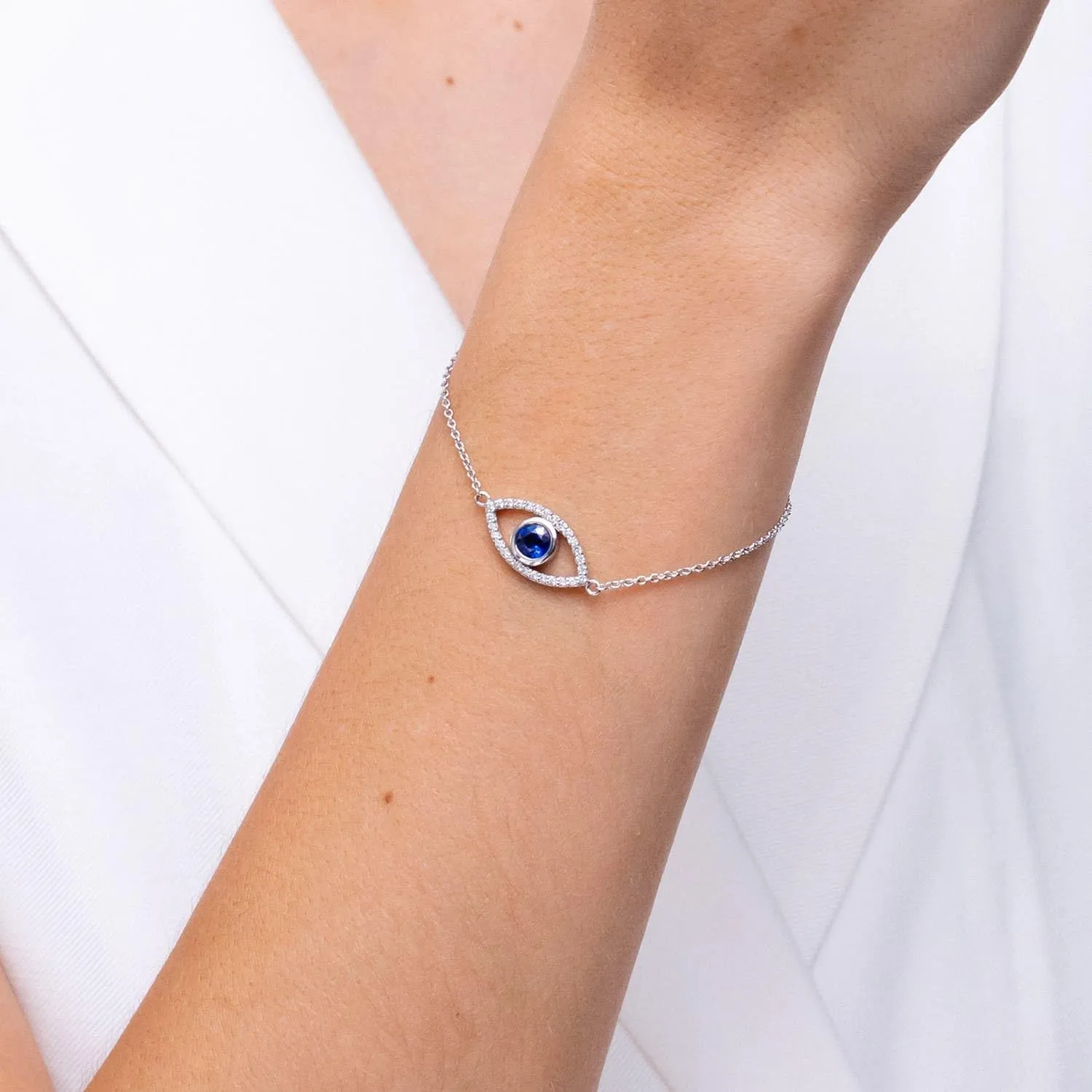 Wedding Jewelry Gift for Women Angara Natural Bezel-Set Sapphire and Diamond Evil Eye Bracelet in 14K Solid Gold/Platinum | September Birthstone, convex fellow graduation Birthday, Engagement, Anniversary, 