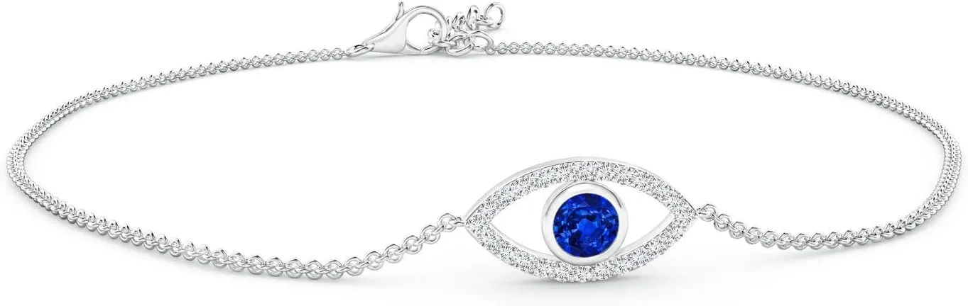 Wedding Jewelry Gift for Women Angara Natural Bezel-Set Sapphire and Diamond Evil Eye Bracelet in 14K Solid Gold/Platinum | September Birthstone, convex fellow graduation Birthday, Engagement, Anniversary, 