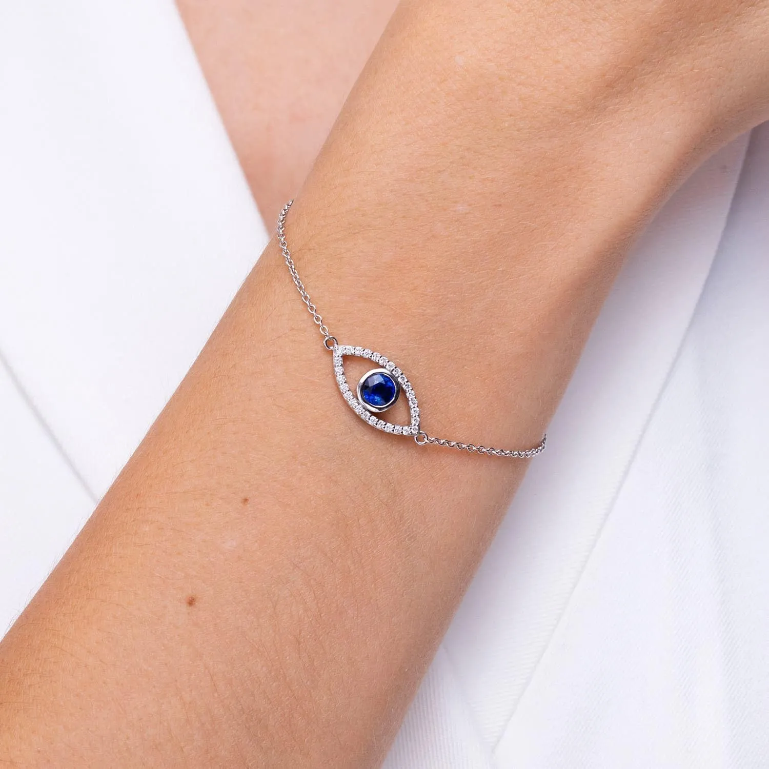 Wedding Jewelry Gift for Women Angara Natural Bezel-Set Sapphire and Diamond Evil Eye Bracelet in 14K Solid Gold/Platinum | September Birthstone, convex fellow graduation Birthday, Engagement, Anniversary, 