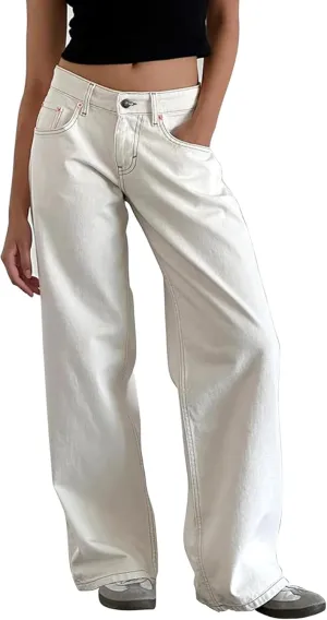 White Long Denim Pants Low Rise Baggy Jeans for Women y2k sunshine Straight Wide Leg Boyfriend Trendy Cute Jeans 