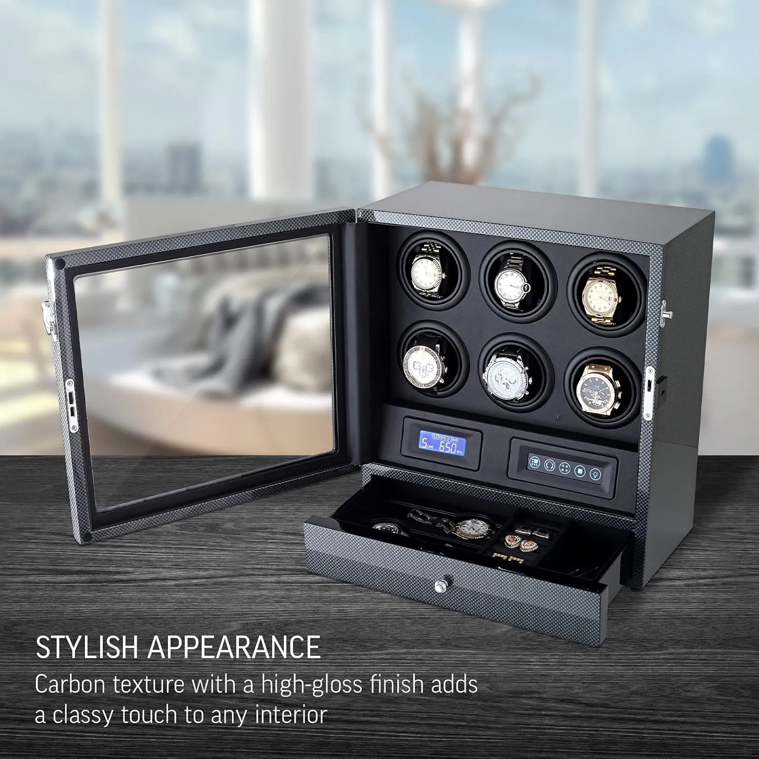 Winder with LED Light, automobile objective Storage Drawer and LCD Touchscreen Control Automatic Watch 