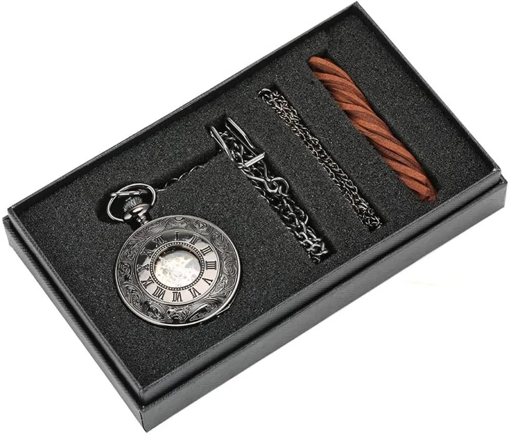 Winding Mechanical Pocket Watch Silver Metal Web Case Hand engage audition Winding Watch Sets   Box Bag/D Hand 