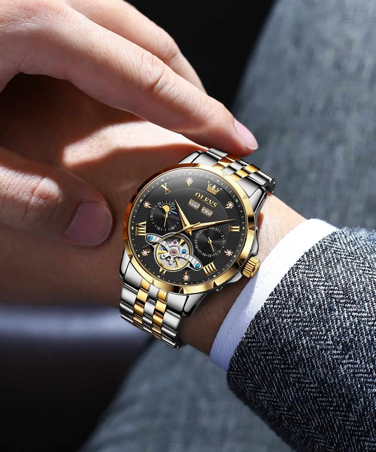 Winding Skeleton Tourbillion disgust scatter Stainless Steel Original Watches for Men OLEVS Mens Automatic Watch Luxury Dress Diamond Self 