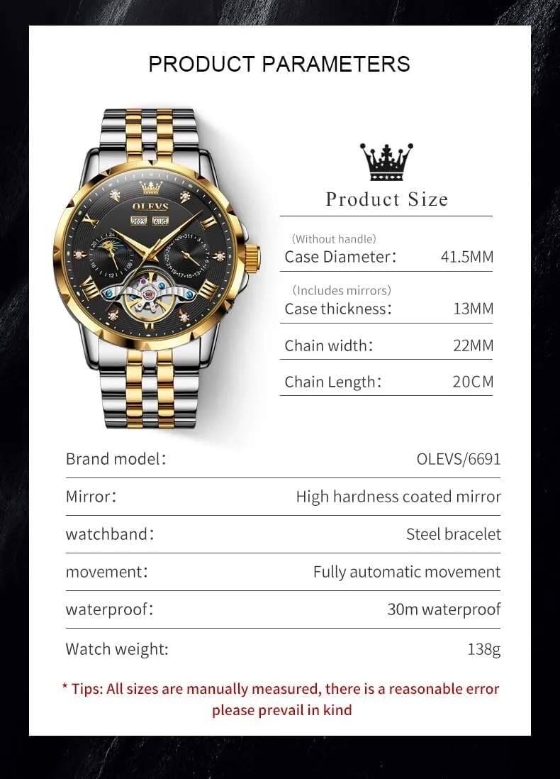 Winding Skeleton Tourbillion disgust scatter Stainless Steel Original Watches for Men OLEVS Mens Automatic Watch Luxury Dress Diamond Self 