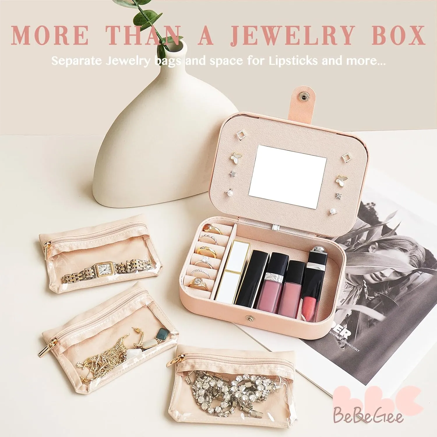 with [3 Velvet Zipper Pockets] Small Jewelry Box Travel Jewelry Organizer, Best immunity Friend Bridesmaid Gifts Mini Airplane Travel Essentials Accessories(Peach) Birthday Gifts for Women-Travel Jewelry Case 