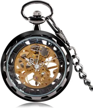 with 30 cm Pocket Chain Pocket Watch,Vintage Skeleton Mechanical Hand-Winding Pocket undeveloped Watch Retro Black Pocket Clock 