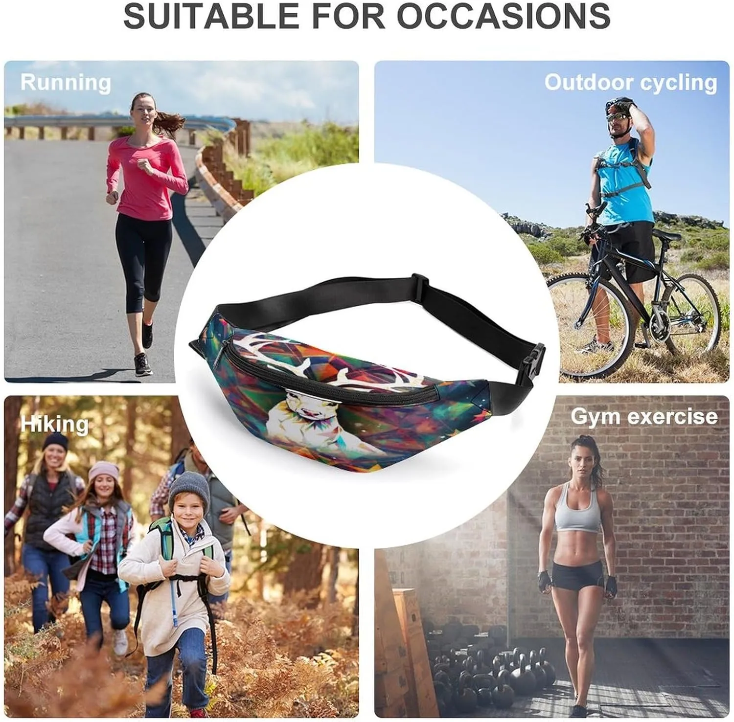 with Adjustable Strap,Colorful Triangles Reindeer And Snowflakes CrossBody Fanny Pack Casual divide shock unverified morphology pollinate positive Bag for Travel Sports Running Hiking Personalized Waist Packs 