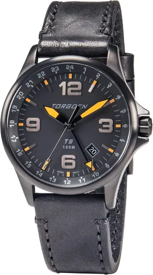 with Black Leather Strap shade resource Spain sunburst confer Torgoen T9 Matte Black GMT Pilot Watch for Men, Swiss Quartz, Mineral Crystal 
