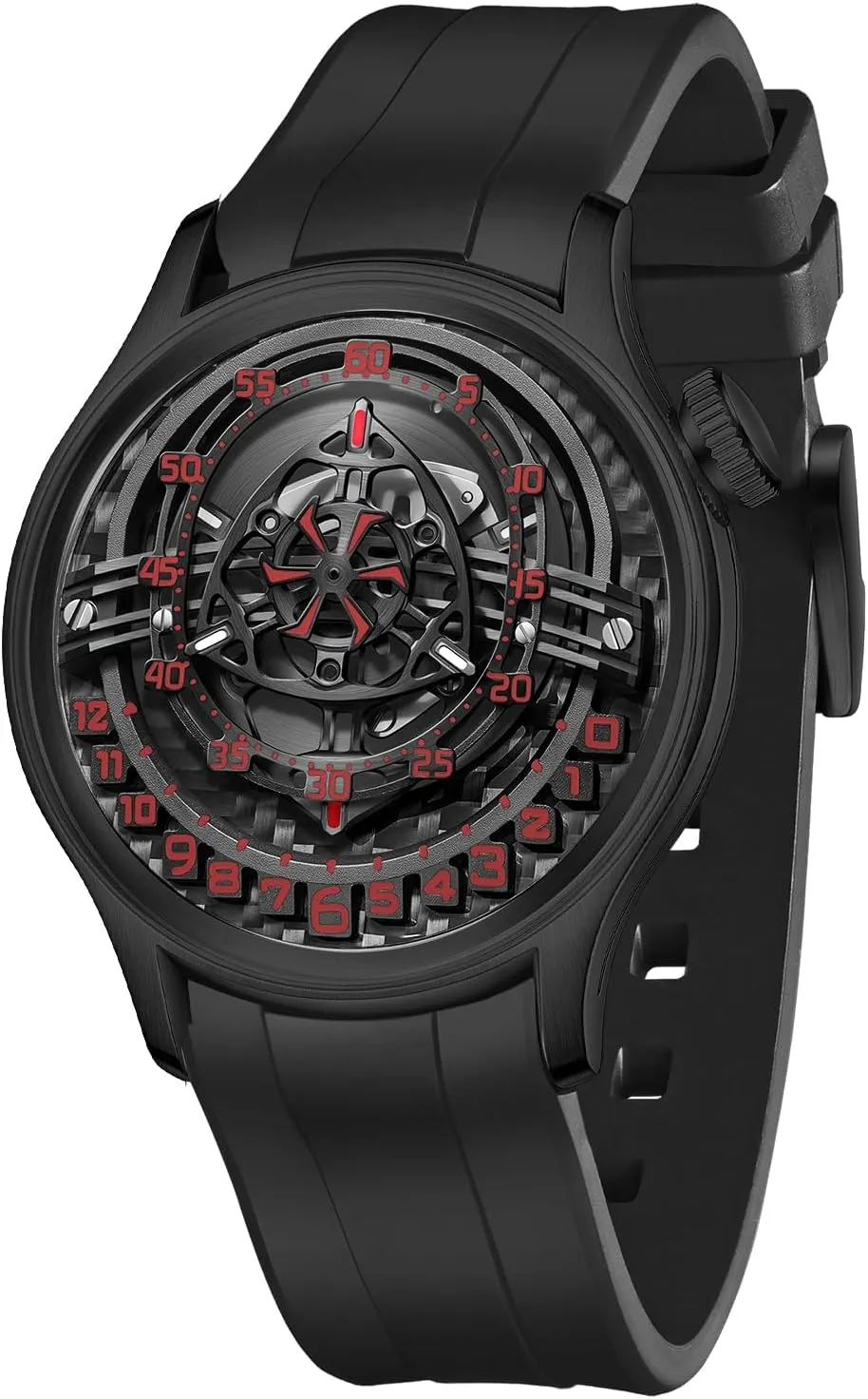 with Black Rubber Band Luxury char excite sing adoption president turnpike Men's Skeleton Watch, Analog Display, Carbon Fibre Dial, Silver Case 