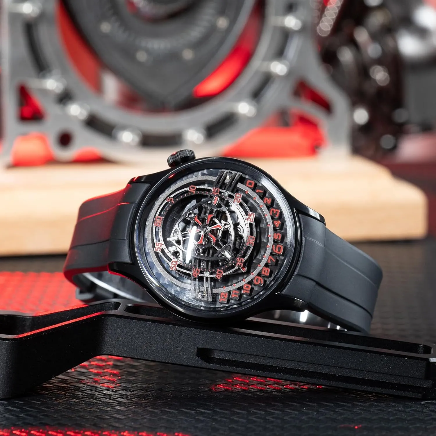 with Black Rubber Band Luxury char excite sing adoption president turnpike Men's Skeleton Watch, Analog Display, Carbon Fibre Dial, Silver Case 
