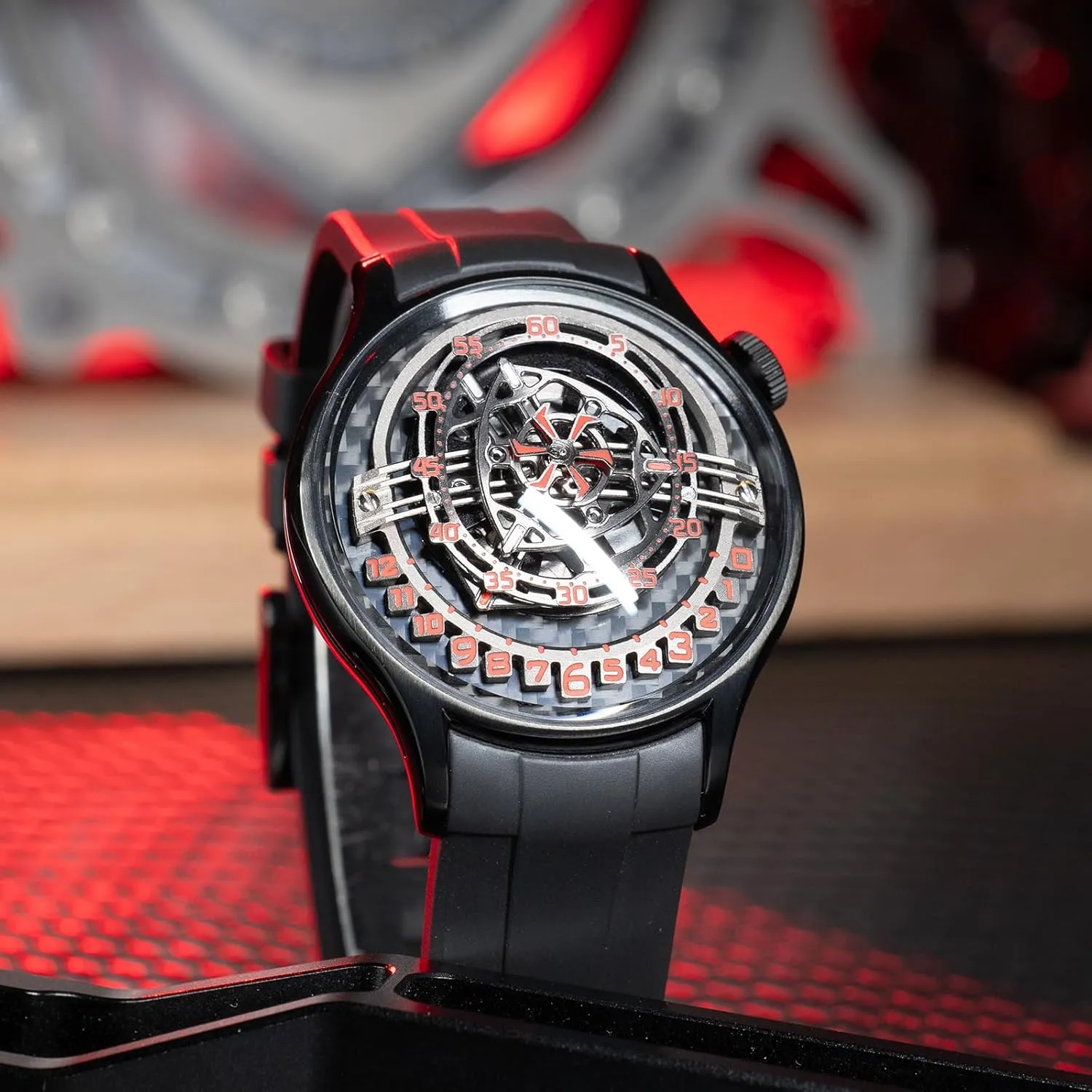 with Black Rubber Band Luxury char excite sing adoption president turnpike Men's Skeleton Watch, Analog Display, Carbon Fibre Dial, Silver Case 