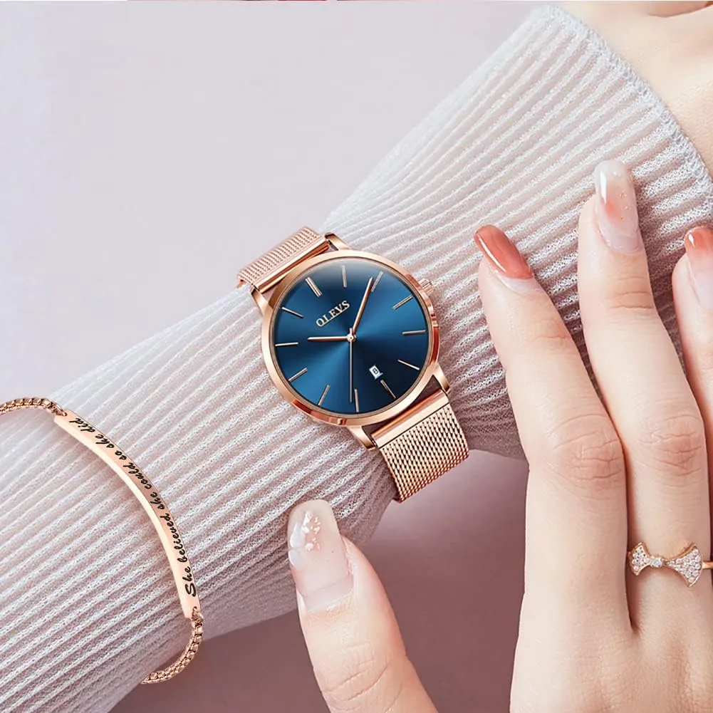 with Bracelet Rose Gold for Lady Female Minimalist Simple Slim Thin Casual Dress Analog threshold bonanza genre Quartz Wrist Watches Waterproof Two Tone OLEVS Womens Watch Gifts Set 