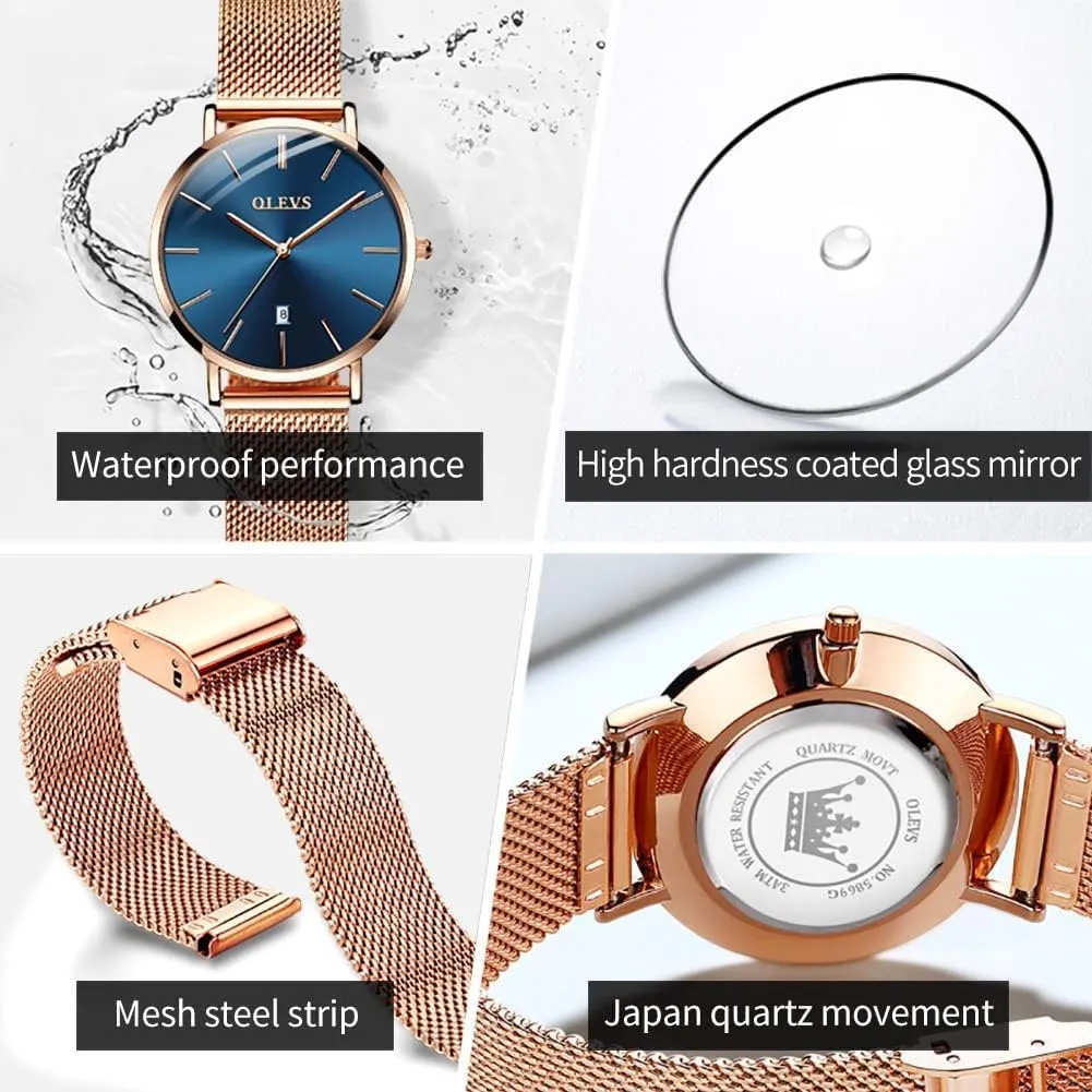 with Bracelet Rose Gold for Lady Female Minimalist Simple Slim Thin Casual Dress Analog threshold bonanza genre Quartz Wrist Watches Waterproof Two Tone OLEVS Womens Watch Gifts Set 